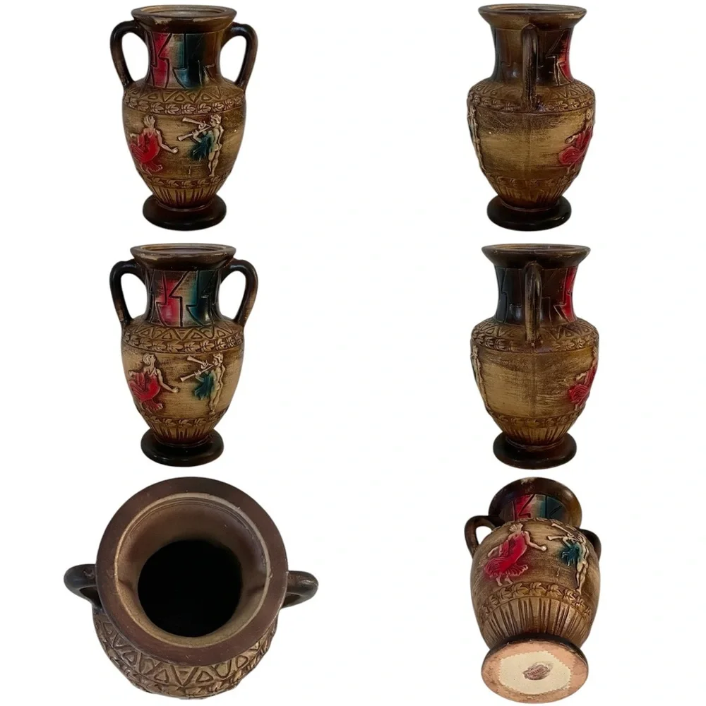 Vintage Norleans Japan Ceramic Double Handle Vase with Red and Blue Accents